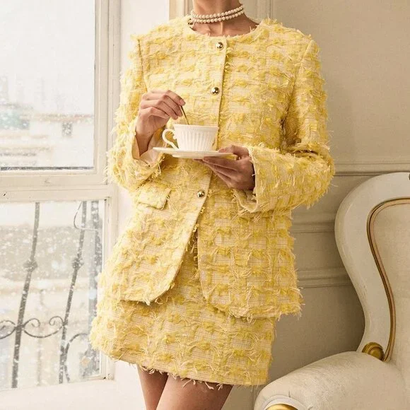 Multicolor Casual Women's Round Neck Long Sleeve Jacquard Jacket And Skirt Set - Picture 1 of 7